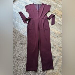 Express Burgundy V-Neck Tie Short Sleeve Pant Suit Jumpsuit-Size Small Petite